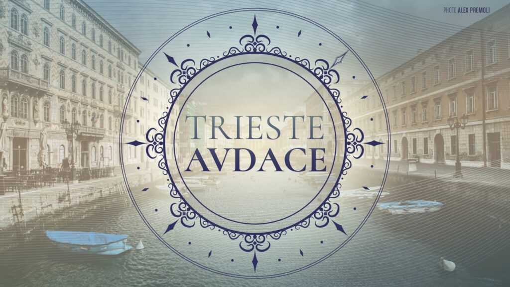 Written "TRIESTE AVDACE" in blue decoration on photo of the city. Cover of the photographic open call dedicated to Trieste